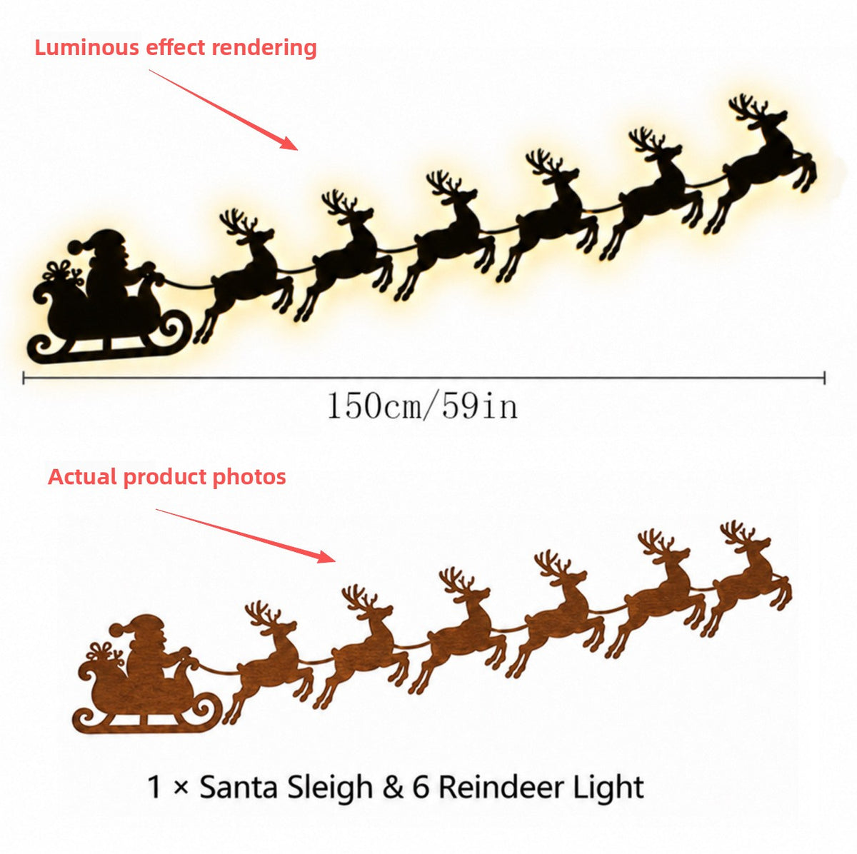 Self-Adhesive Wooden Christmas Santa Reindeer Wall Decoration with Lights