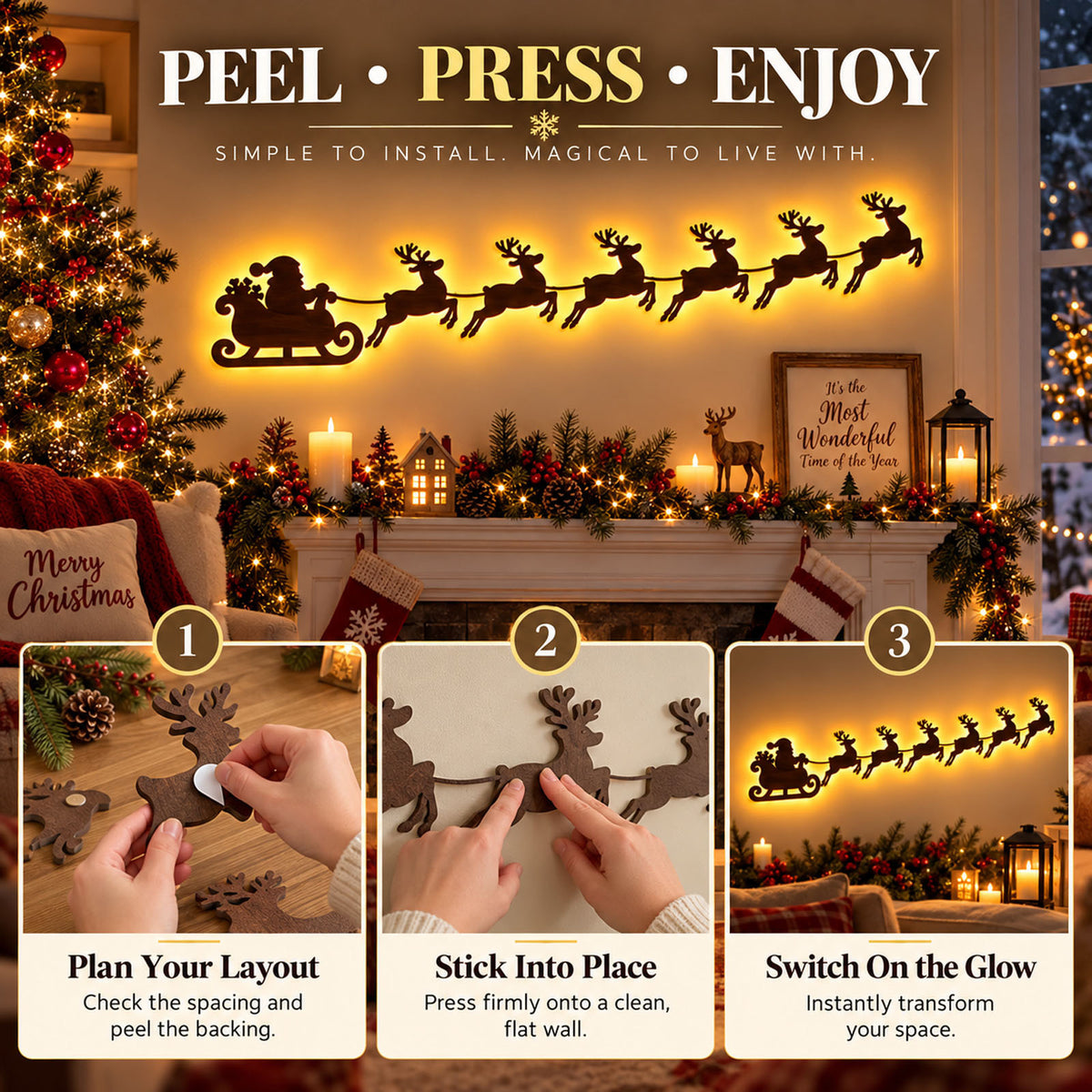 Self-Adhesive Wooden Christmas Santa Reindeer Wall Decoration with Lights