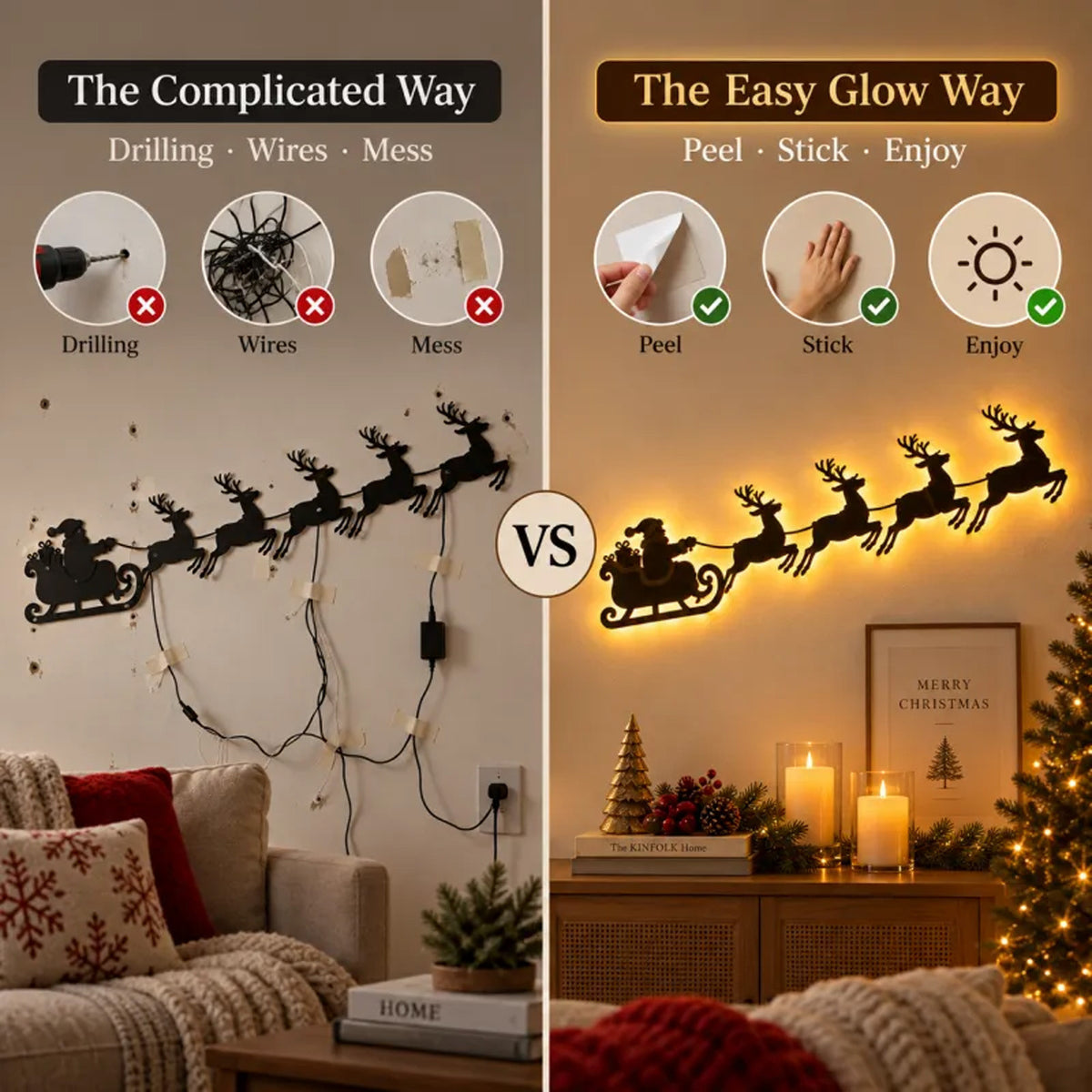 Self-Adhesive Wooden Christmas Santa Reindeer Wall Decoration with Lights