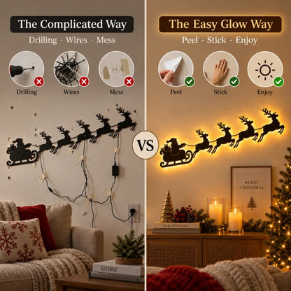 Self-Adhesive Wooden Christmas Santa Reindeer Wall Decoration with Lights